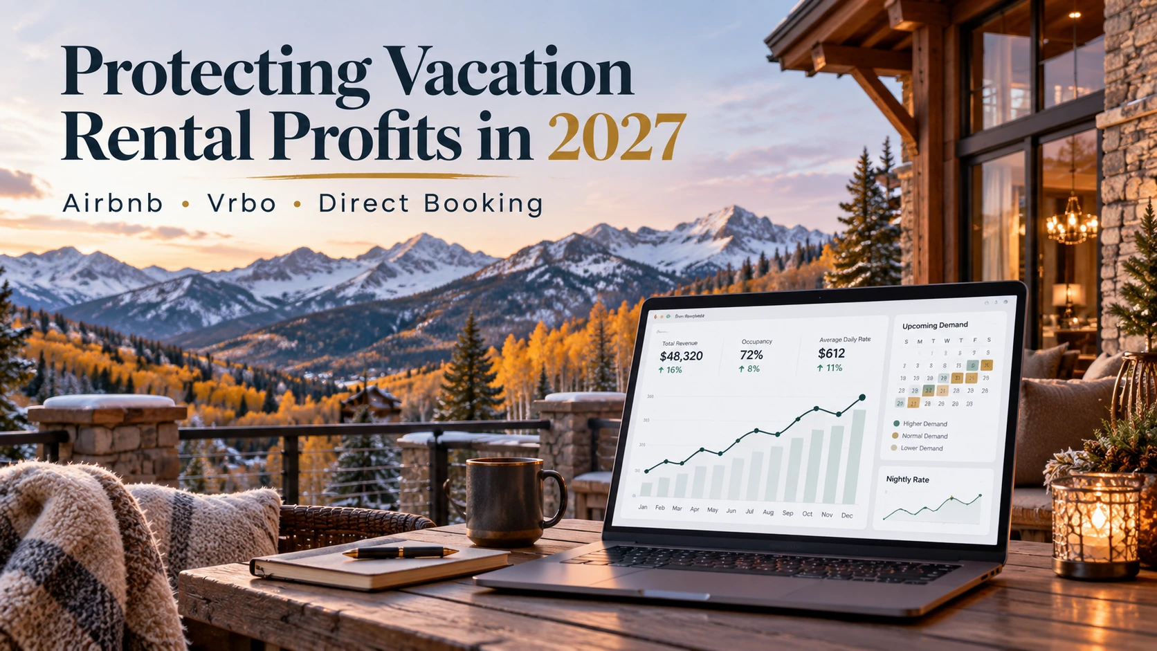 Illustration of a Colorado mountain home and a laptop with a sample rental dashboard, titled Protecting Vacation Rental Profits in 2027